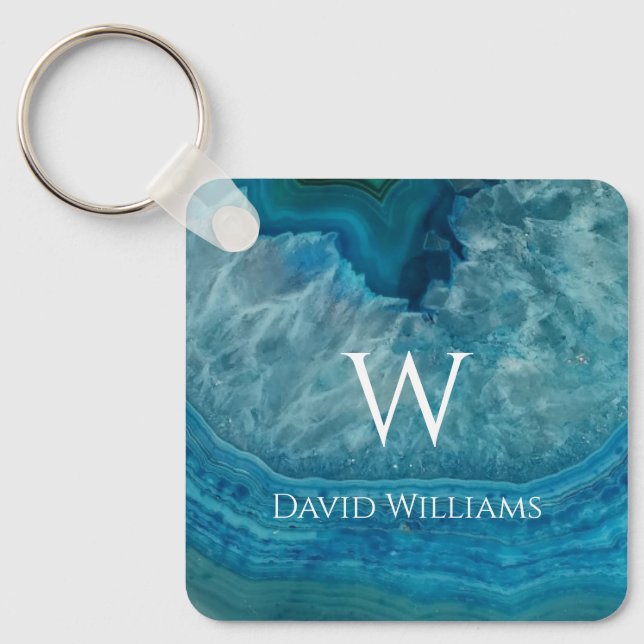 Blue Geode Agate Monogram Modern  Name & Initial Key Ring (Front)