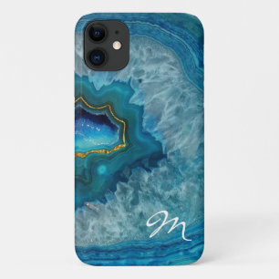Blue Geode Agate Monogrammed iPhone 11 Case