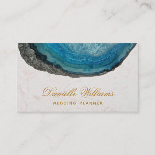Blue Geode Agate White Marble Elegant Script Business Card