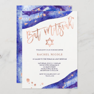Blue Geode and Faux Rose Gold Look Bat Mitzvah Invitation