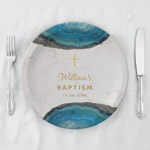 Blue Geode Boy Baptism Marble Gold Cross Paper Plate