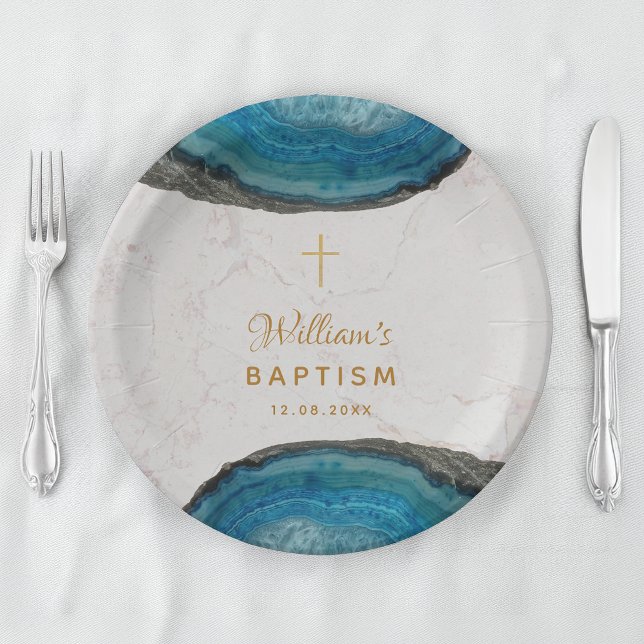 Blue Geode Boy Baptism Marble Gold Cross Paper Plate (Creator Uploaded)