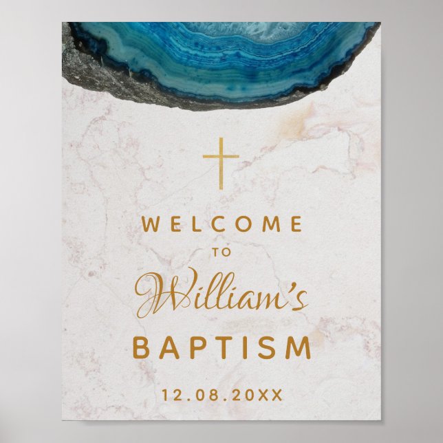 Blue Geode Boy Baptism Marble Gold Cross Welcome Poster (Front)