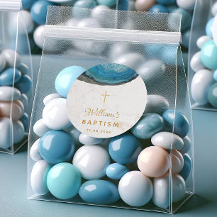 Blue Geode Boy Baptism White Marble Gold Cross Classic Round Sticker
