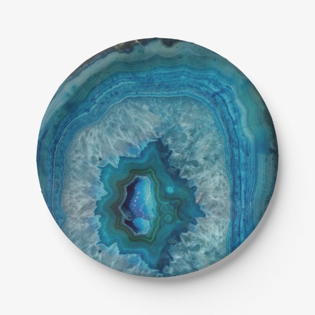Blue Geode Rock Mineral Agate Crystal Image Paper Plate (Front)