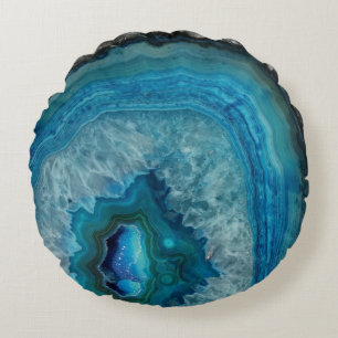 Blue Geode Rock Mineral Agate Crystal Image Round Cushion