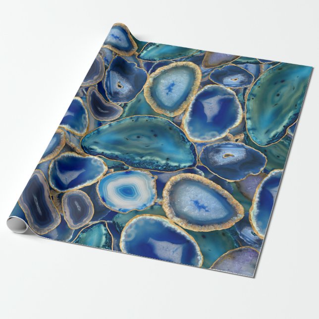 Blue Geodes crystal pattern Wrapping Paper (Unrolled)
