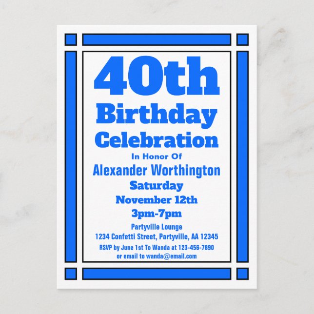 Blue Geometric 40th Birthday Invitation Postcard (Front)