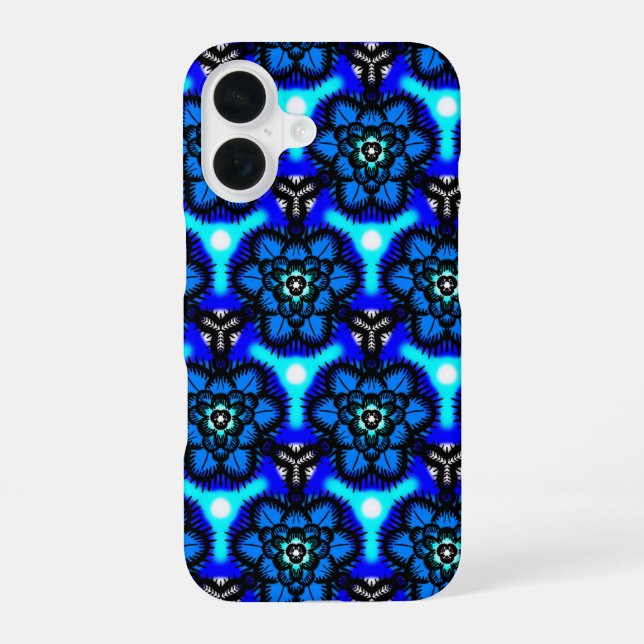 Blue Geometric Abstract Flower Pattern Playing iPhone 16 Case (Back)