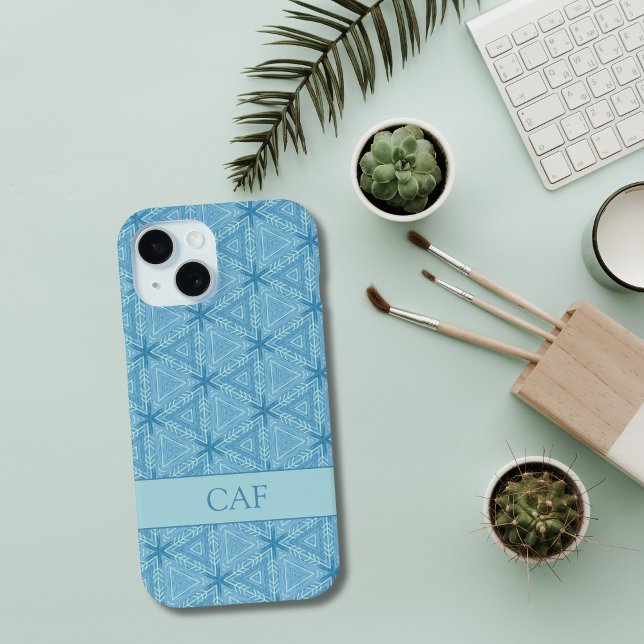 Blue Geometric Abstract Pattern with Monogram  Case-Mate iPhone Case (Blue Geometric Abstract Monogrammed Name Initials iPhone case)