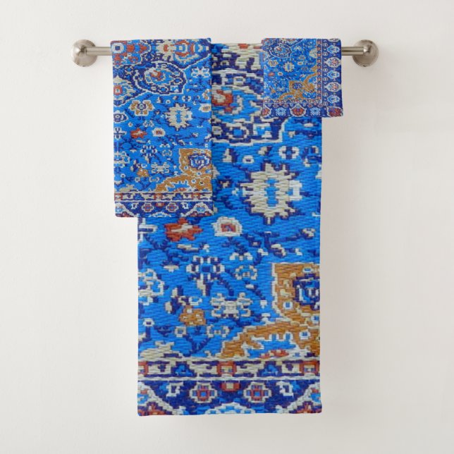 Blue geometric antique persian mid century pattern bath towel set (Insitu)