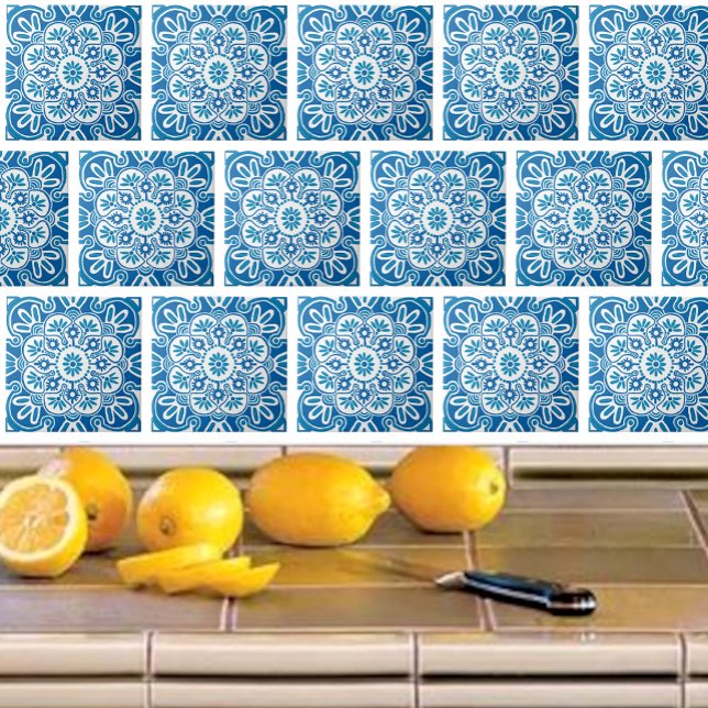 Blue Geometric Ceramic tile (Blue boho pattern tile pn a kitchen backsplash.)