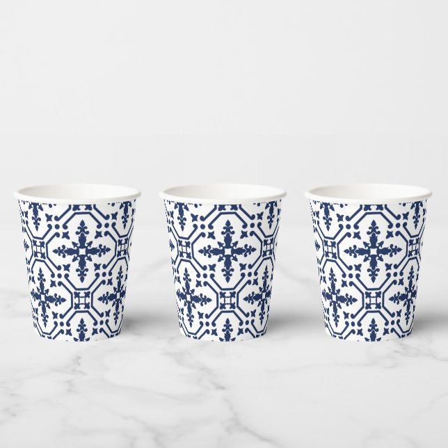 Blue geometric decorative ornamental Moroccan tile Paper Cups (Multi)
