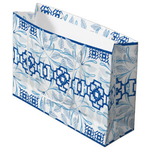 Blue Geometric Floral Chinoiserie   Wedding Large Gift Bag