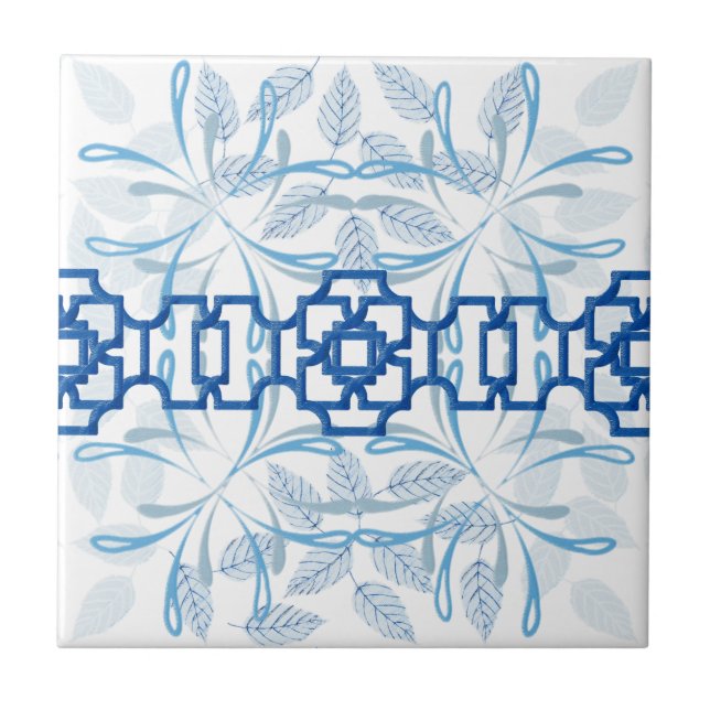 Blue Geometric Floral Chinoiserie Zen Pattern Tile (Front)