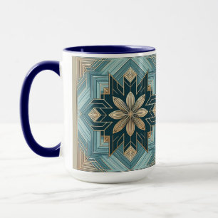 Blue Geometric Floral Mandala Mug – Teal & White