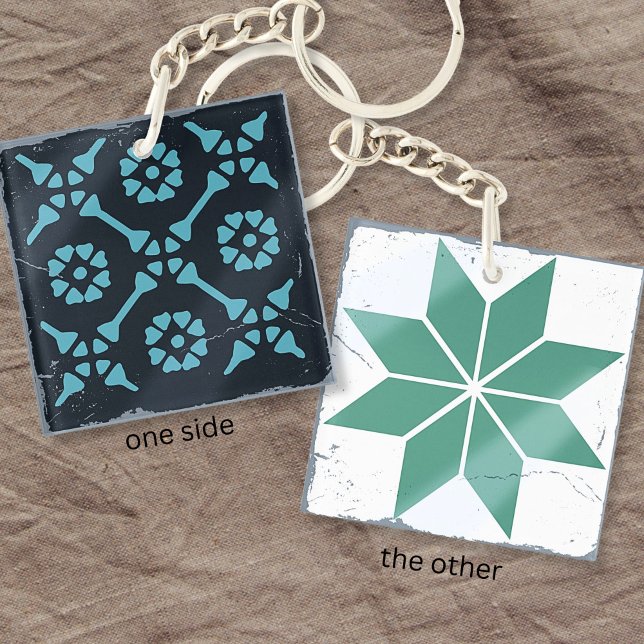 Blue Geometric Flower Tile Board Game Distressed Key Ring (Creator Uploaded)