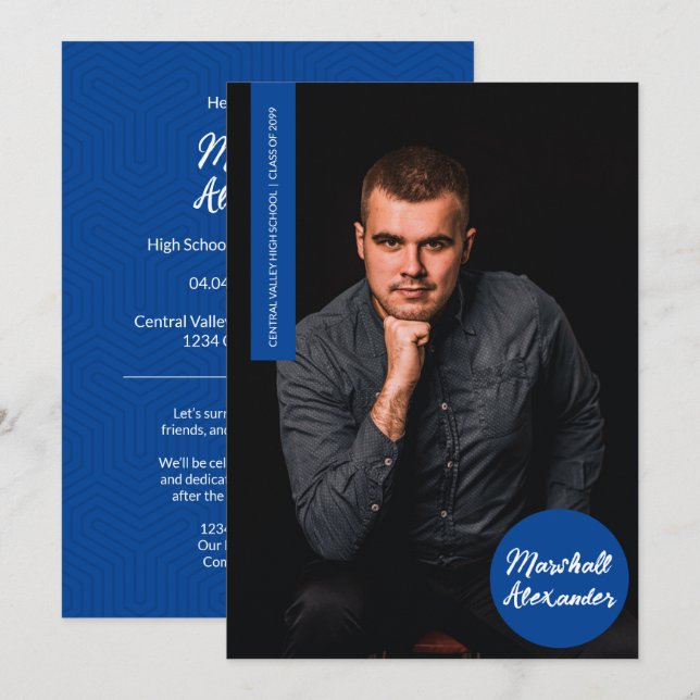 Blue Geometric Graduation Photo Invitation (Front/Back)