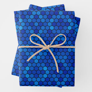 Blue geometric hexagonal mosaic design wrapping paper sheet