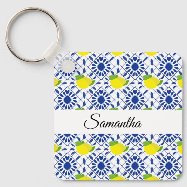 Blue Geometric Lemon Tile Key Ring (Front)