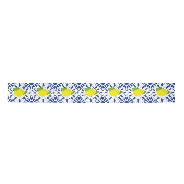 Blue Geometric Lemon Tile Satin Ribbon (Front)