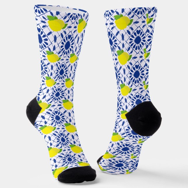 Blue Geometric Lemon Tile Socks (Angled)