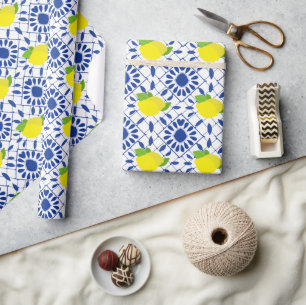 Blue Geometric Lemon Tile Wrapping Paper