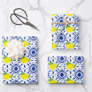 Blue Geometric Lemon Tile Wrapping Paper Sheet
