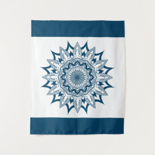 Blue Geometric Mandala White Background Tapestry