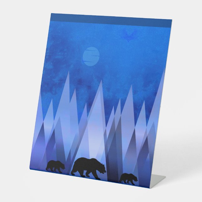 BLUE GEOMETRIC MOUNTAINS BEAR PEDESTAL SIGN (Front)