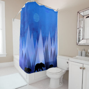 BLUE GEOMETRIC MOUNTAINS BEAR SHOWER CURTAIN