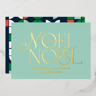 blue geometric Noel script elegant modern  Foil Holiday Card