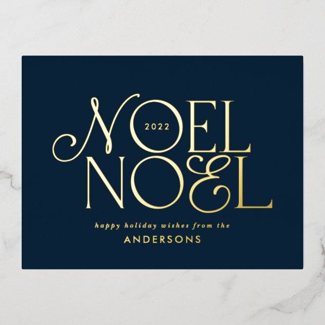 blue geometric Noel script elegant modern  Foil Holiday Postcard (Front)