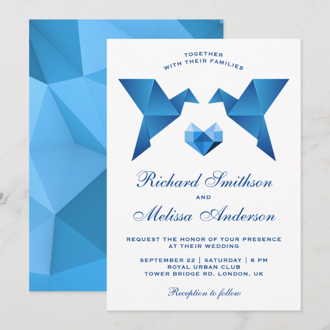 Blue Geometric Origami Birds Wedding Invitation (Front/Back)