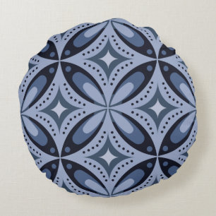 Blue Geometric Pattern Retro Style Round Cushion