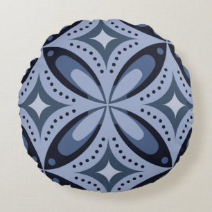 Blue Geometric Pattern Retro Style Round Cushion