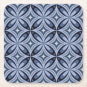 Blue Geometric Pattern Retro Style Square Paper Coaster