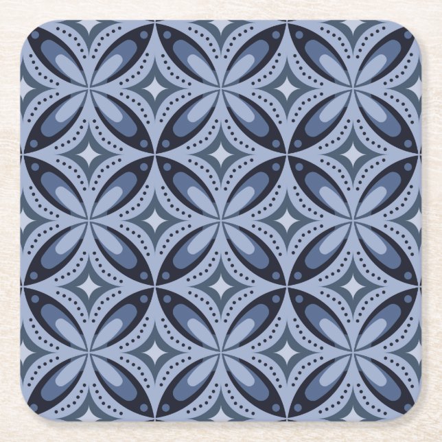 Blue Geometric Pattern Retro Style Square Paper Coaster (Front)