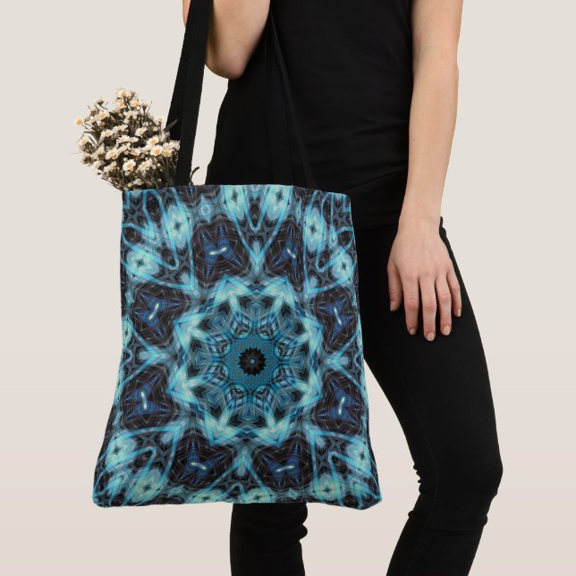 Blue Geometric Pattern with Radiant Glow Tote Bag (Close Up)