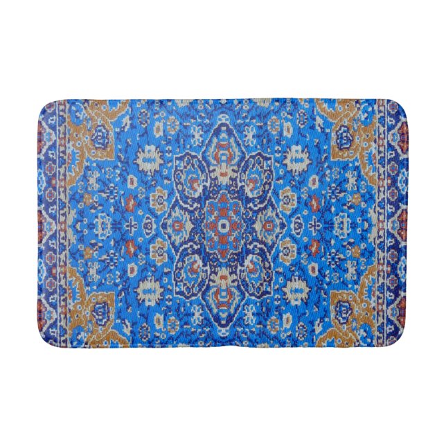 Blue geometric persian turkish mid century pattern bath mat (Front)