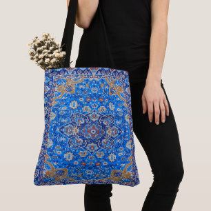 Blue geometric persian turkish mid century pattern tote bag