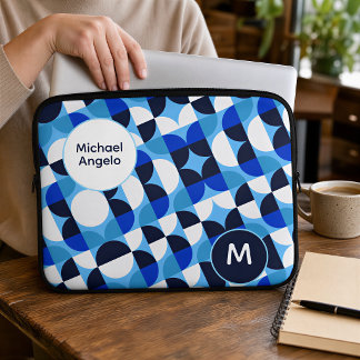 Blue Geometric Personalised Monogram Initial Laptop Sleeve