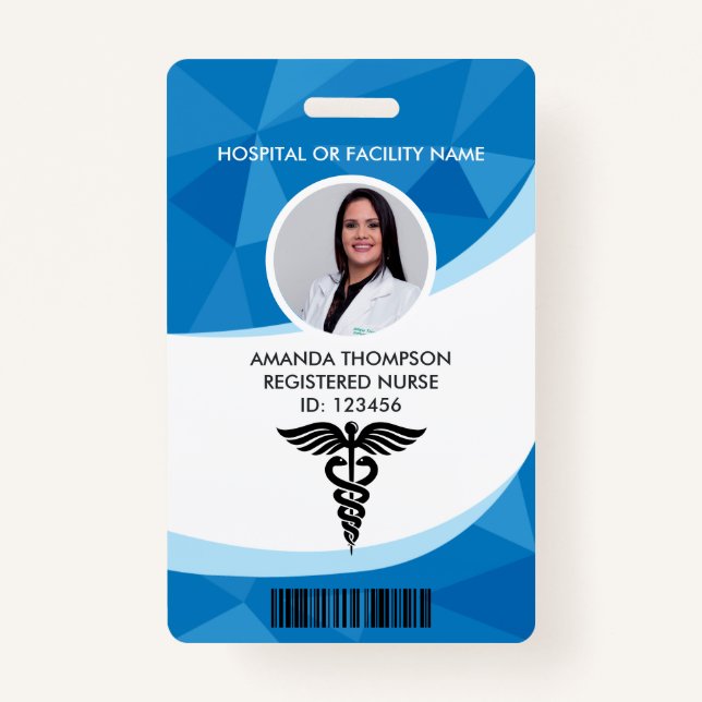 Blue Geometric Registered Nurse Photo ID ID Badge (Front)