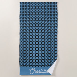 Blue geometric retro circle pattern custom name beach towel