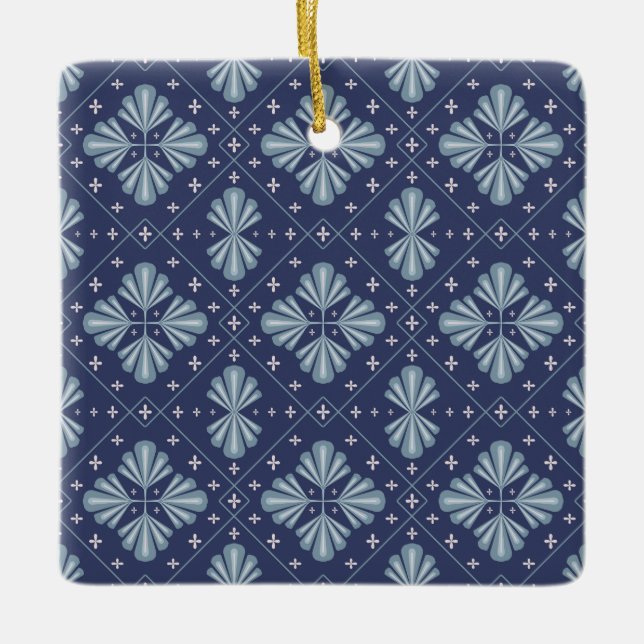 Blue Geometric shapes Pattern  Ceramic Ornament (Front)