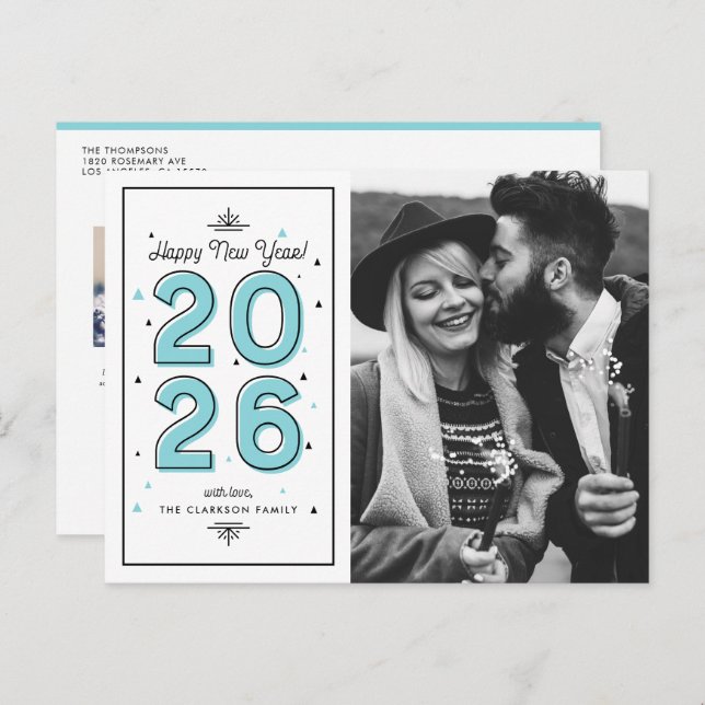 Blue Geometric Typography 2025 New Year Holiday Postcard (Front/Back)