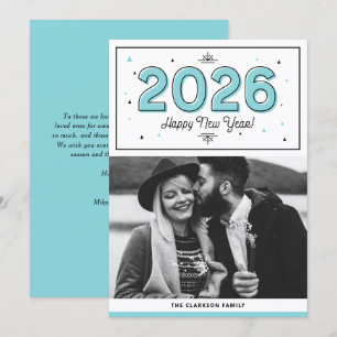 Blue Geometric Typography Photo Happy New Year Holiday Card