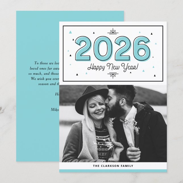Blue Geometric Typography Photo Happy New Year Holiday Card (Front/Back)