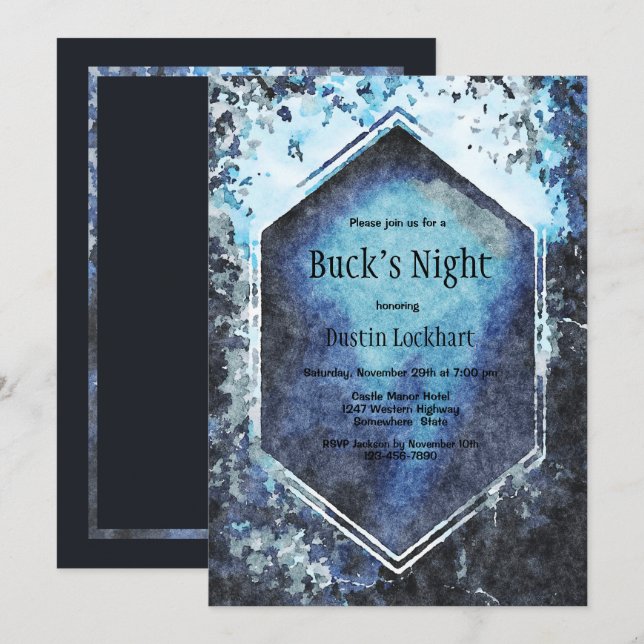 Blue Geometric Watercolor Buck’s Night Invitation (Front/Back)