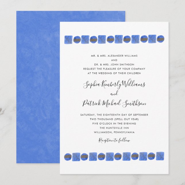 Blue Geometric Watercolor | parents names wedding Invitation (Front/Back)